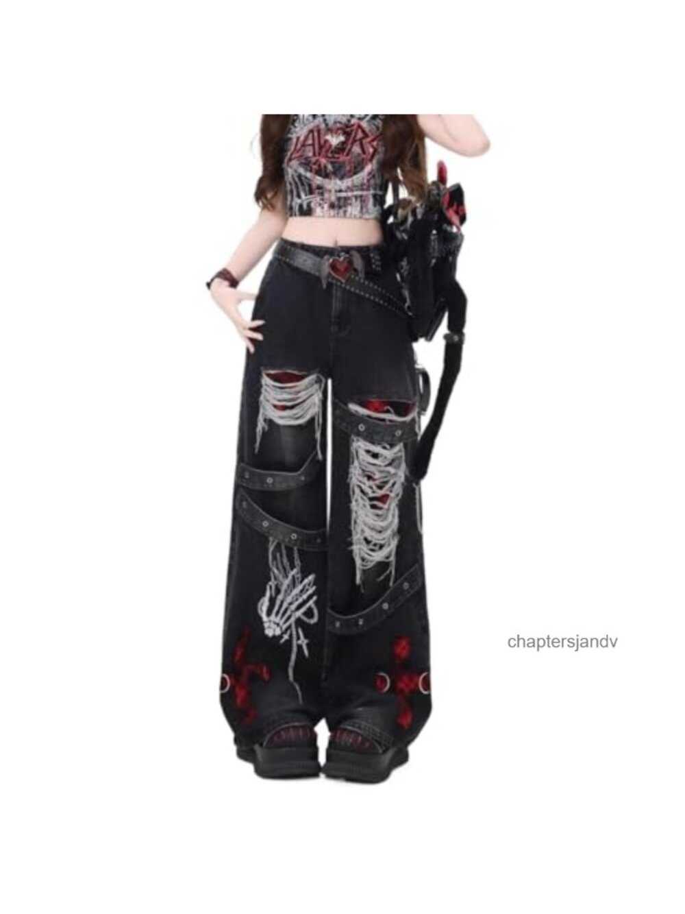Y2K Ripped Grunge Baggy Jeans High Waist Wide Leg Goth Streetwear Pants